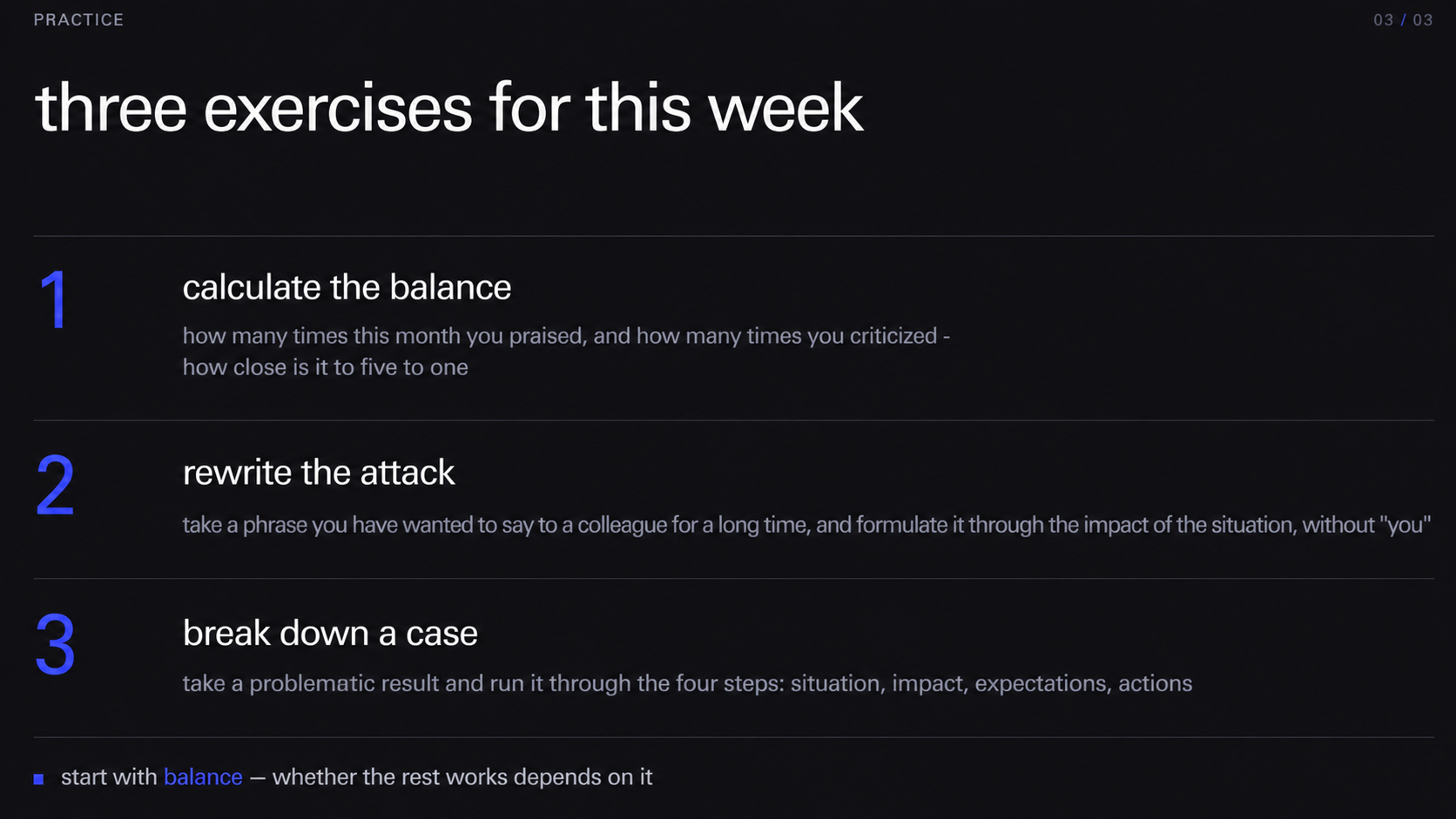 three feedback exercises: count the praise-to-criticism balance, rewrite an attack, and run a case through the four steps