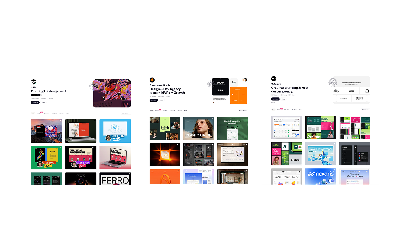 Приклад UI/UX портфоліо на Dribbble: агенції Outcrowd, Phenomenon Studio, tubik.