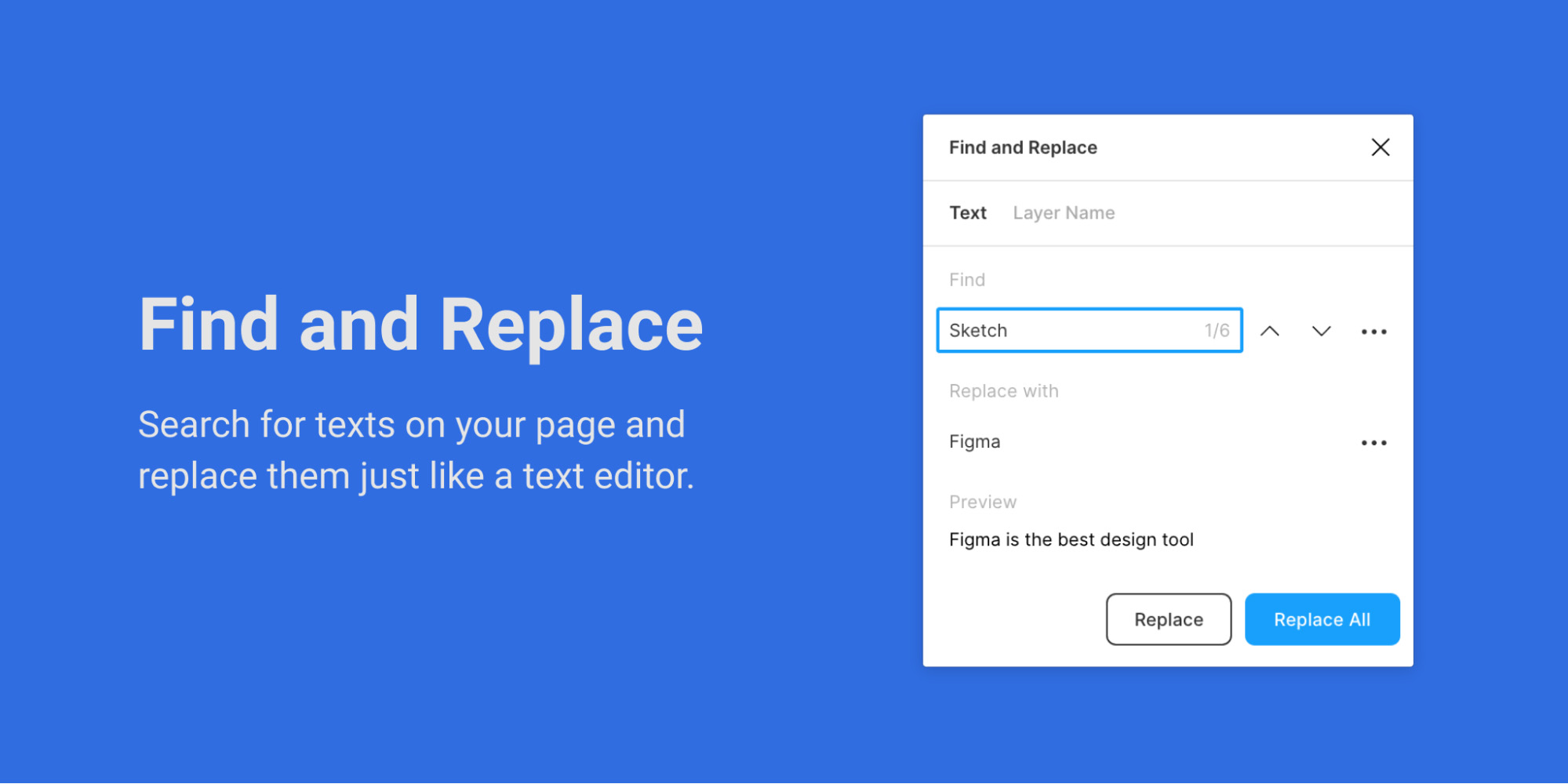 Плагін для заміни тексту у макеті Figma: Find and Replace.